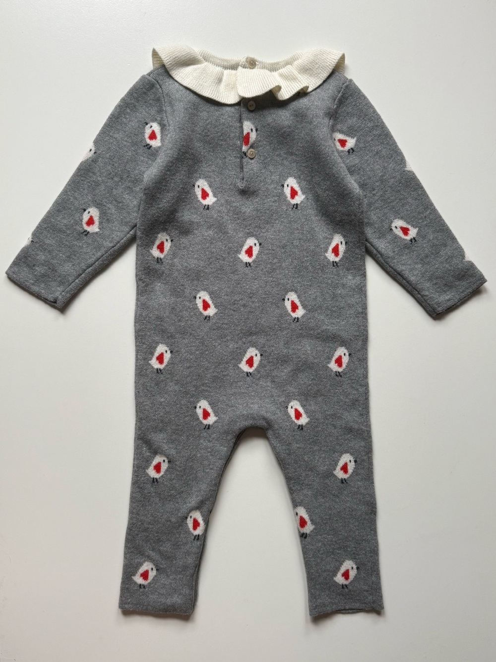 Jacadi Gray Knit One-Piece w/ Ivory Ruffle Collar & Valentine Bird Pattern - 12M - Picture 9 of 15